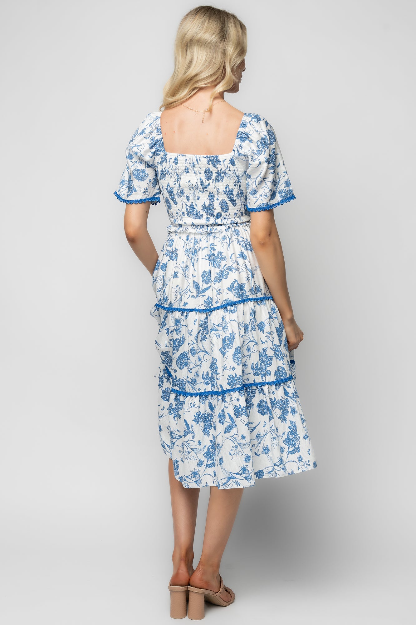 tiered skirt midi dress Multi Coast Floral Print Tiered Skirt Puff Sleeve Midi Wedding Guest Dress