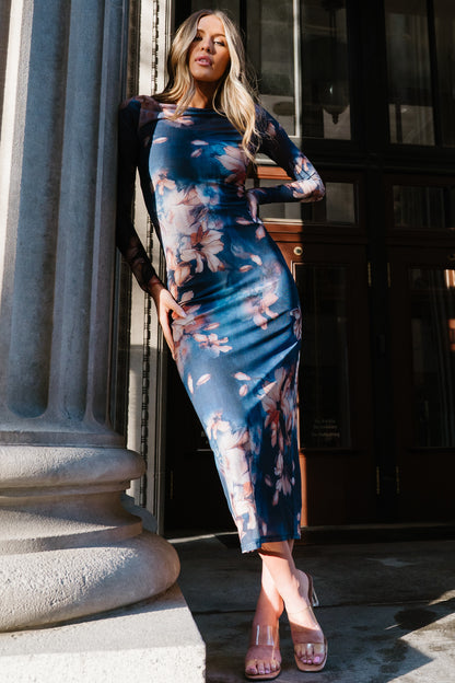 Darya Mesh Midi Dress | Navy Floral