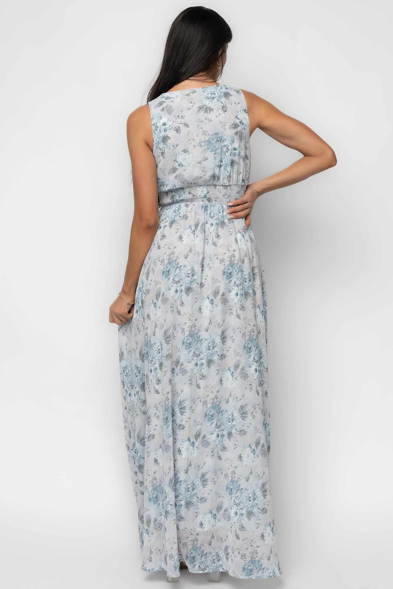 Back and side view of Imogen Maxi Dress in light blue floral, showing fully lined construction and smooth maxi skirt drape.