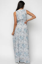 Back and side view of Imogen Maxi Dress in light blue floral, showing fully lined construction and smooth maxi skirt drape.