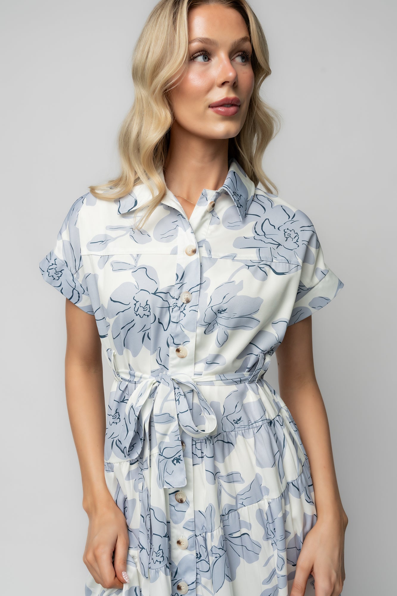 floral button up midi dress Cream FLORAL MIDI DRESS WITH BLUE PANEL DETAIL, BUTTON FRONT AND PUFF SLEEVES Cream / 14
