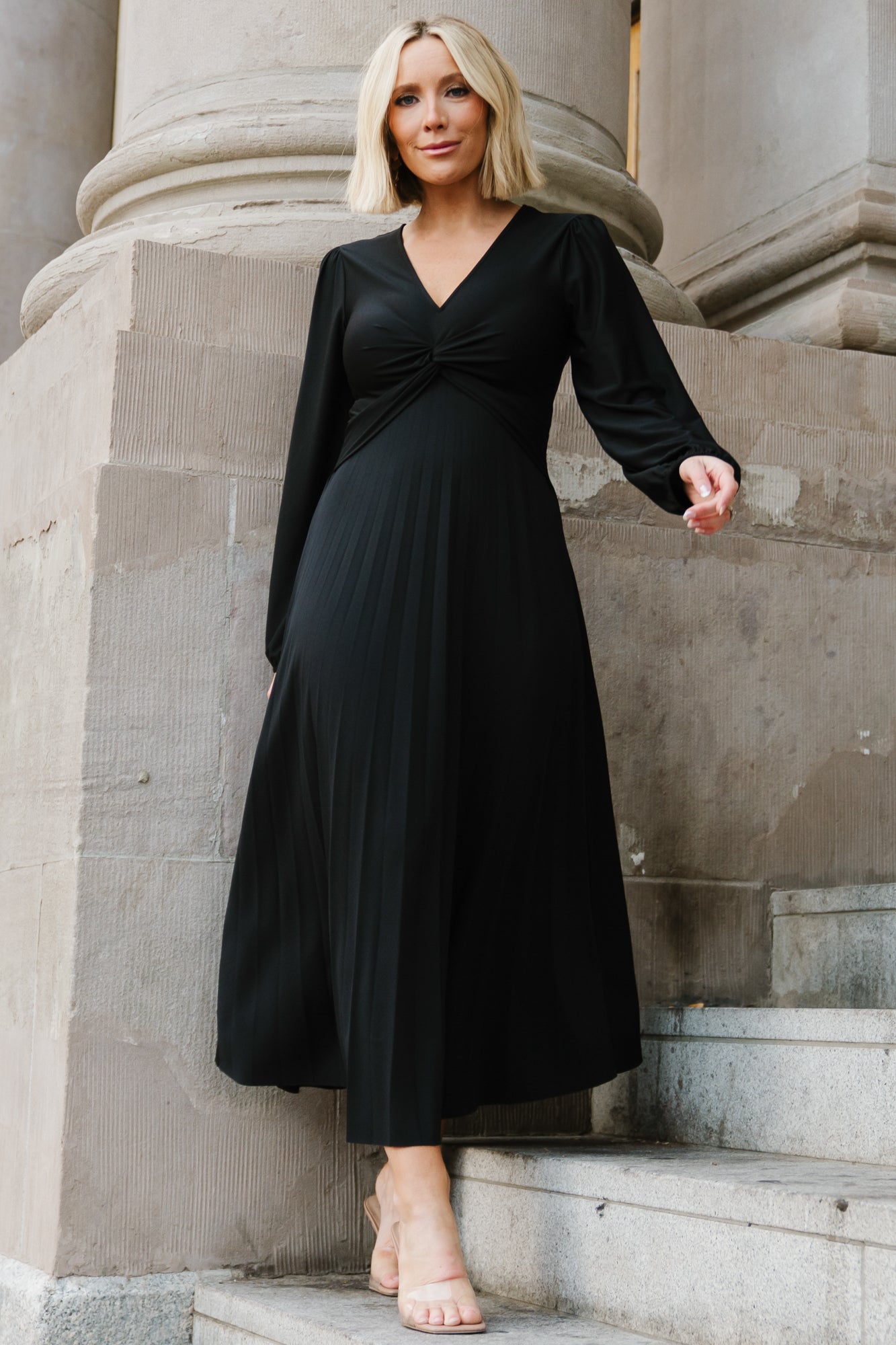 Lynda Pleated Midi Dress - Black Knot Front | Baltic Born