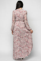 Styled detail: long chiffon sleeve with elastic cuff and gathered shoulder detail on Ensley Maxi Dress, Dusty Rose Floral.