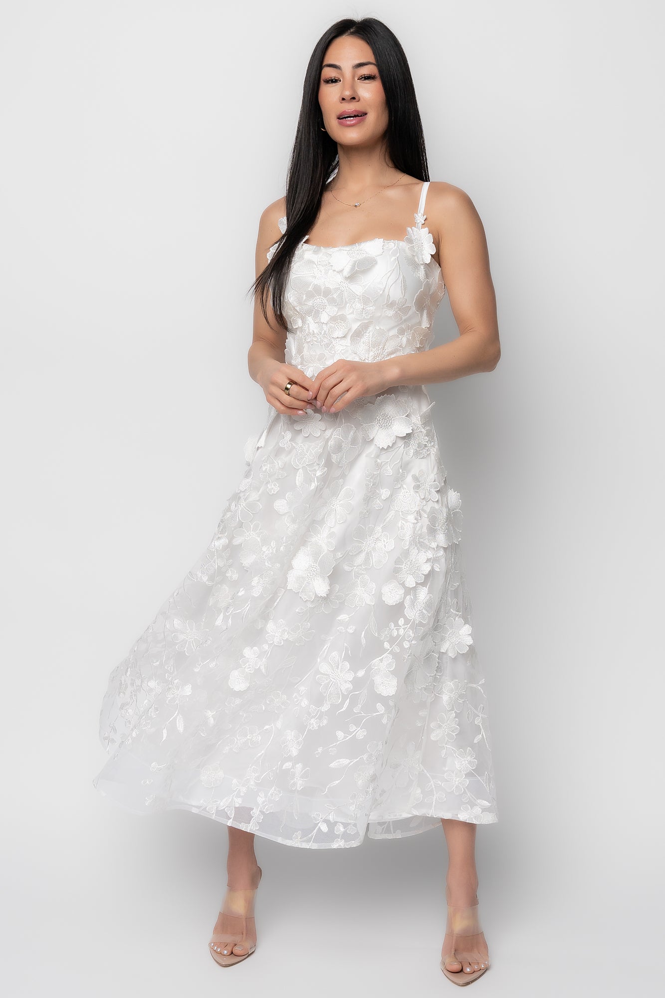 Soleil Floral Applique Midi Dress | Ivory