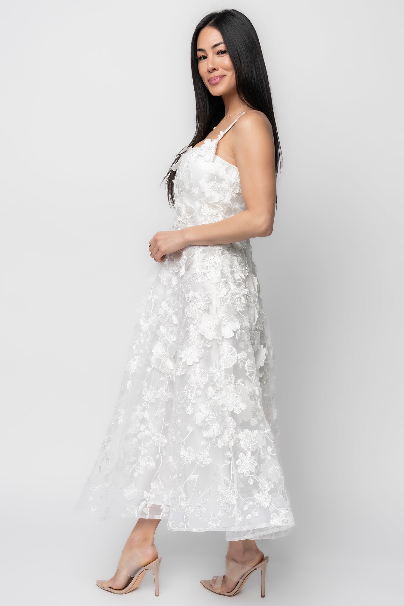 Soleil Floral Applique Midi Dress | Ivory