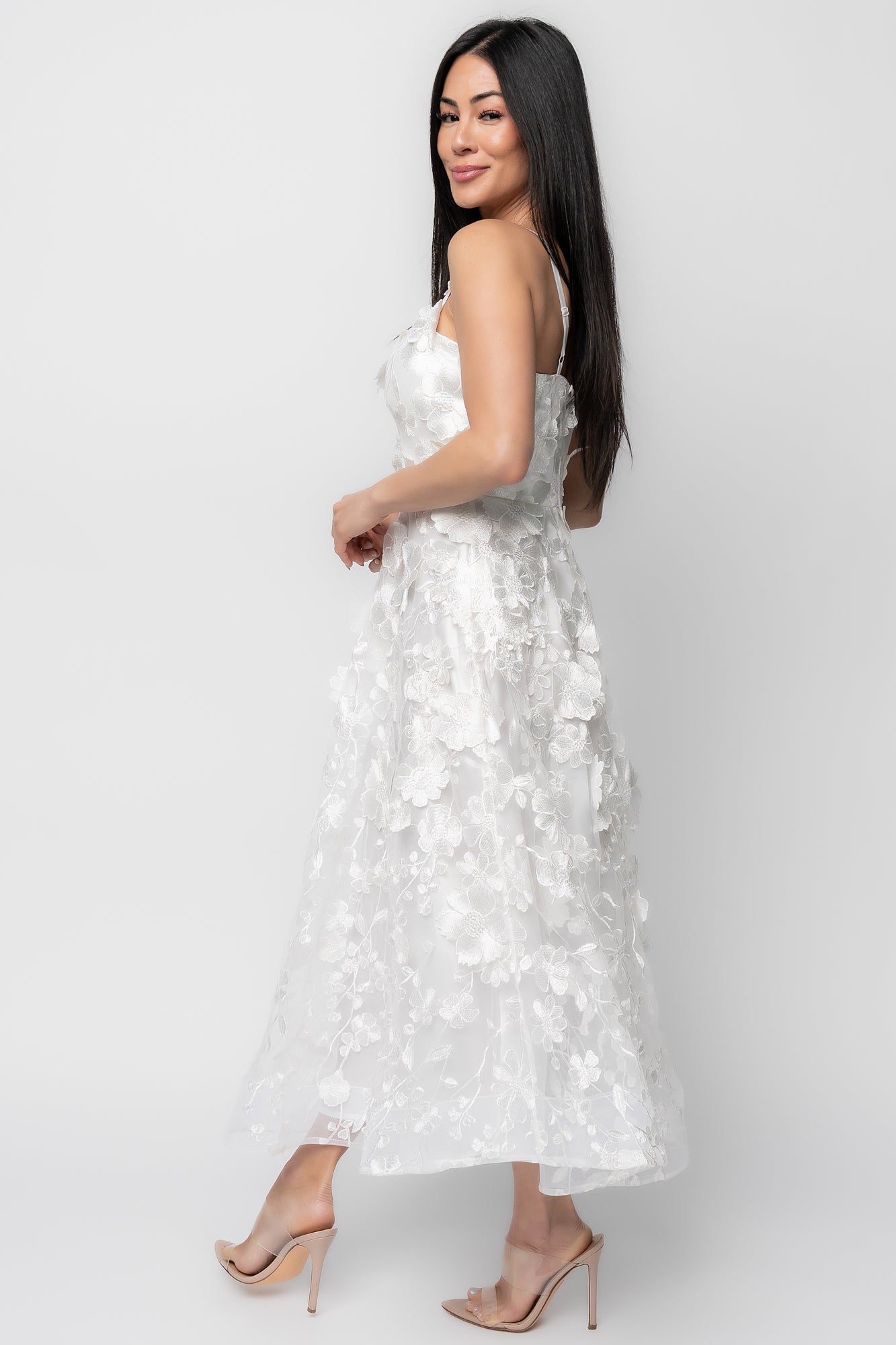 Soleil Floral Applique Midi Dress | Ivory