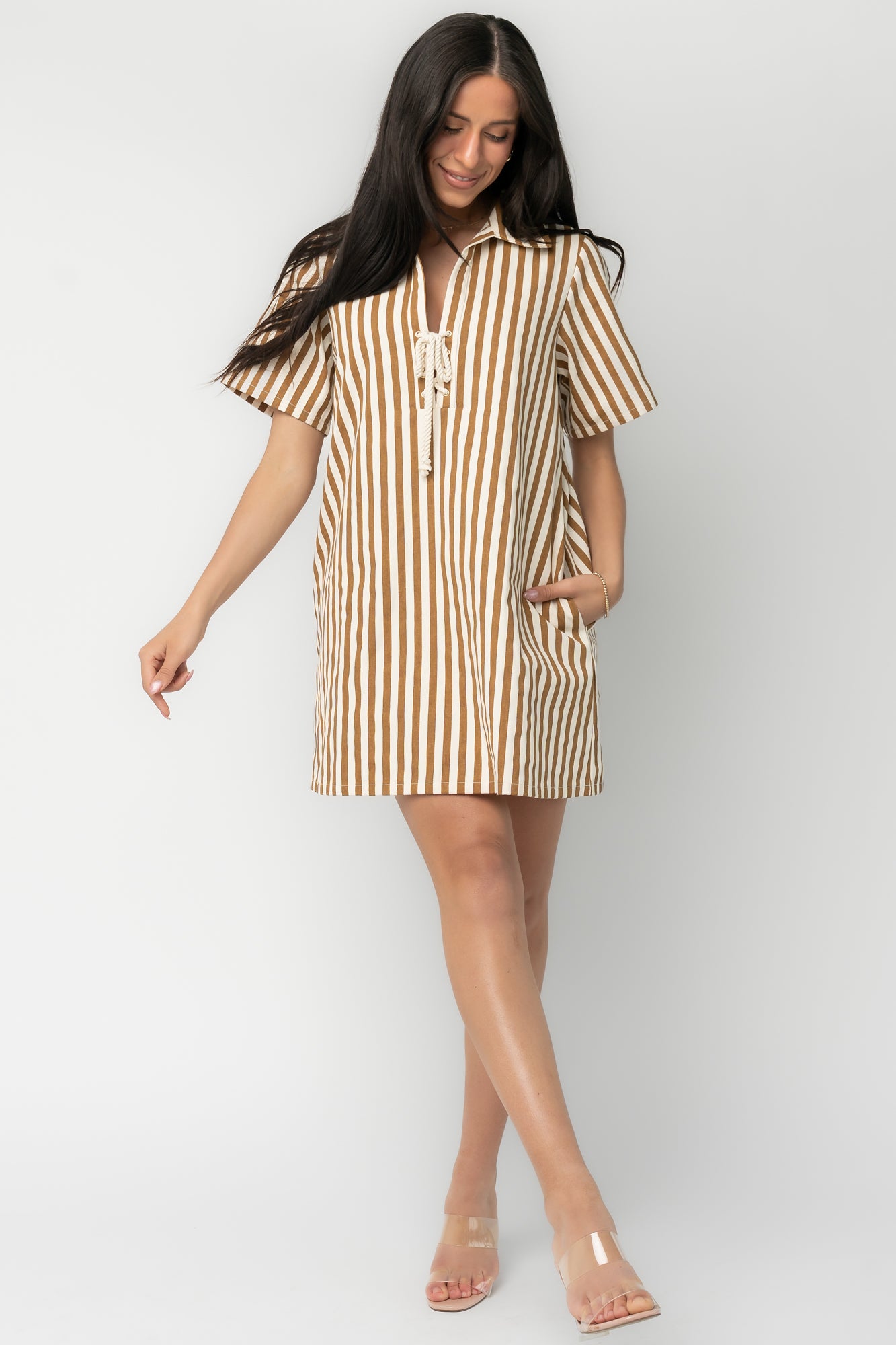 Kyler Striped Short Dress | Camel + Ivory