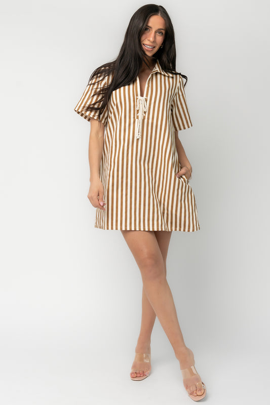 Kyler Striped Short Dress | Camel + Ivory