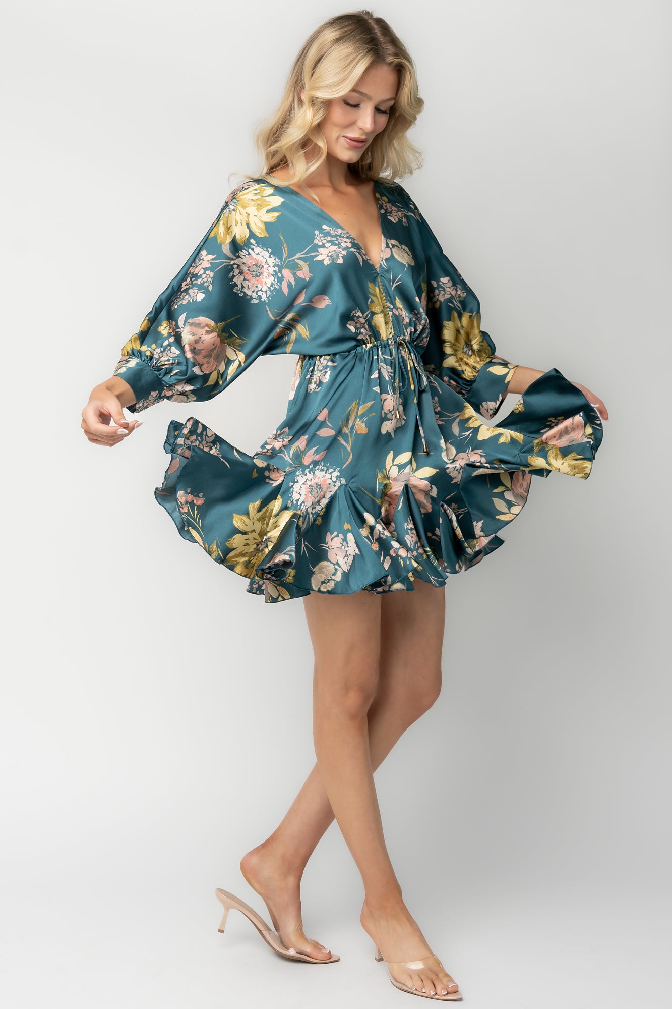 Desiree Satin Short Dress | Teal Floral