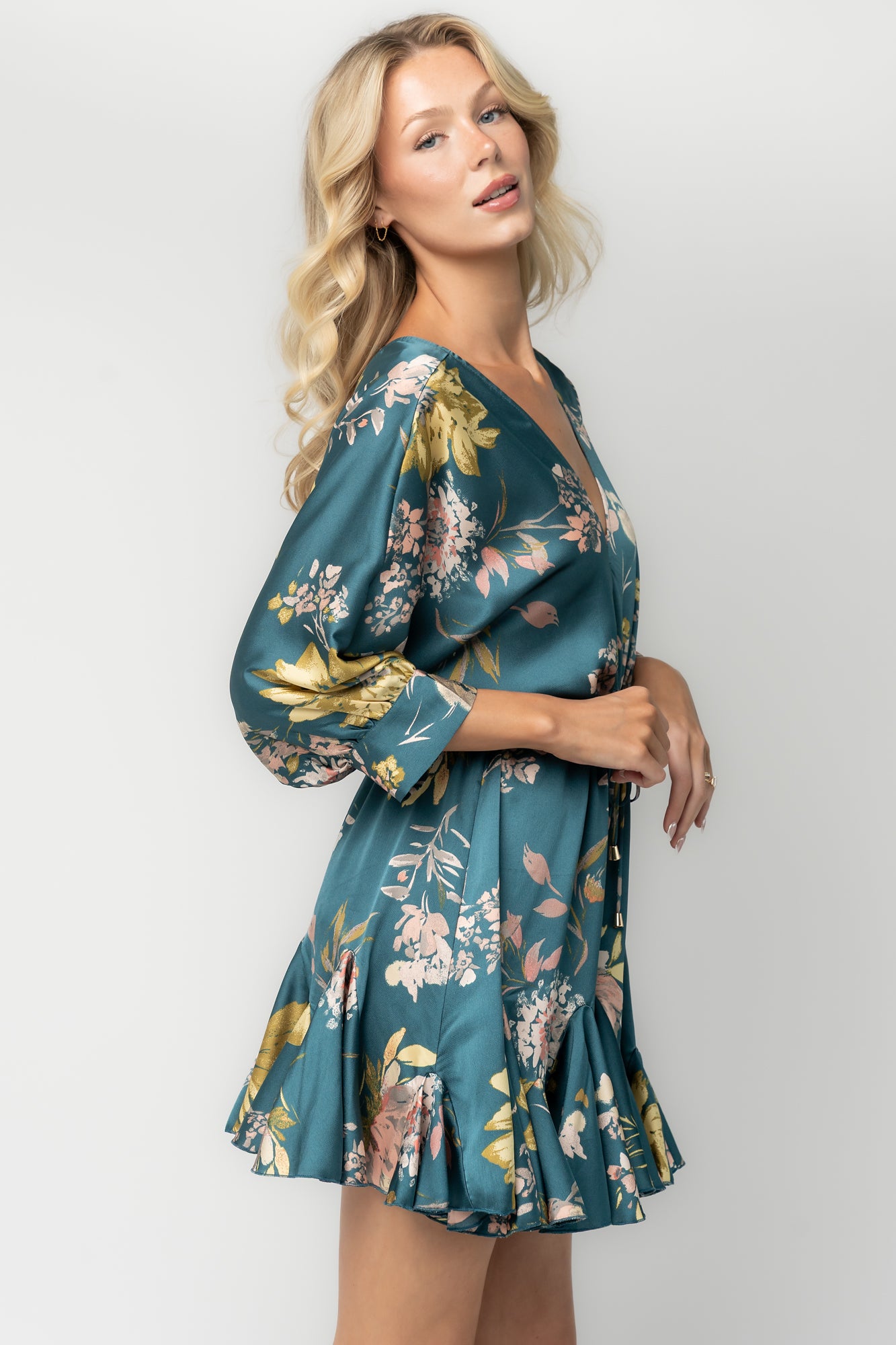 Desiree Satin Short Dress | Teal Floral