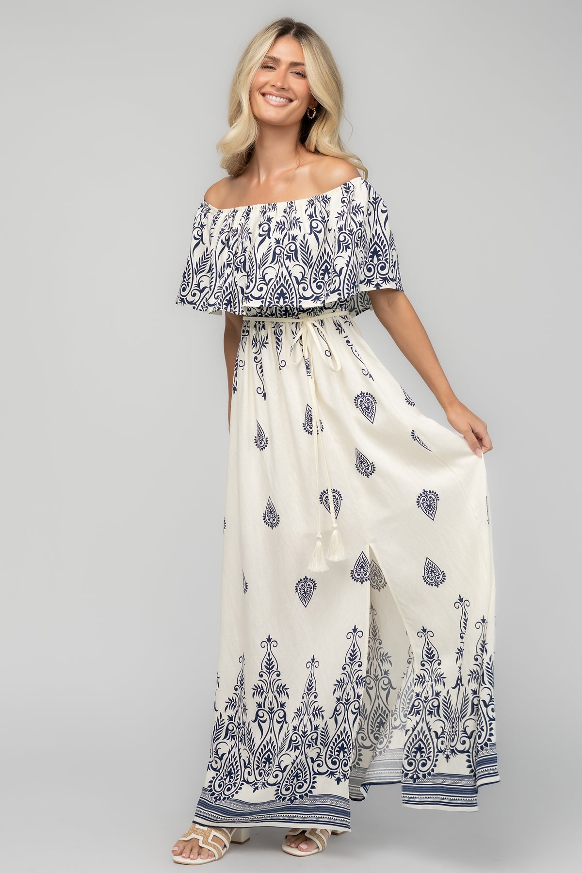 Valentina Off Shoulder Maxi Dress | Ivory + Navy
