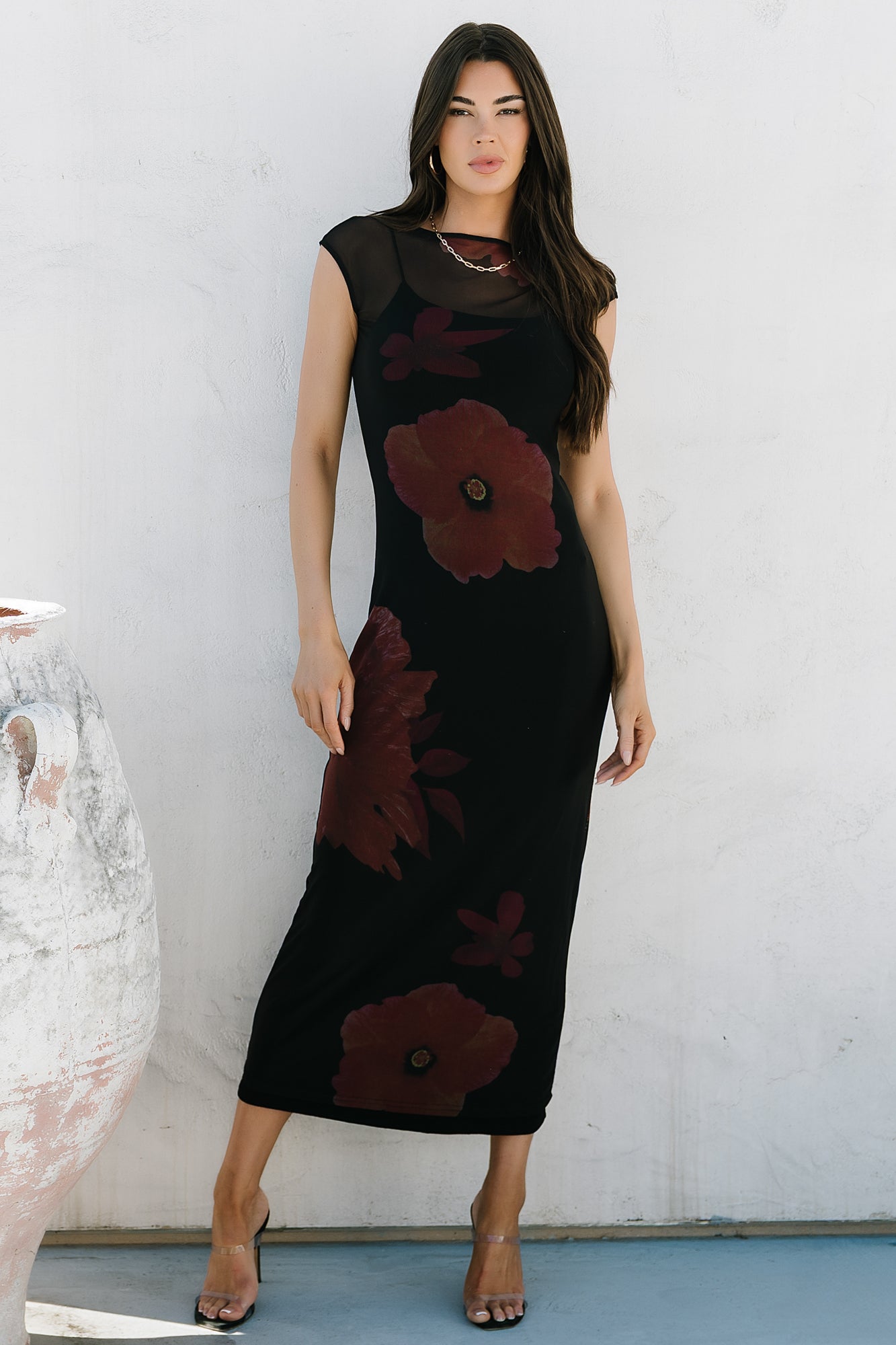 Daniela Mesh Midi Dress | Black Floral Daniela Mesh Midi Dress | Black Floral