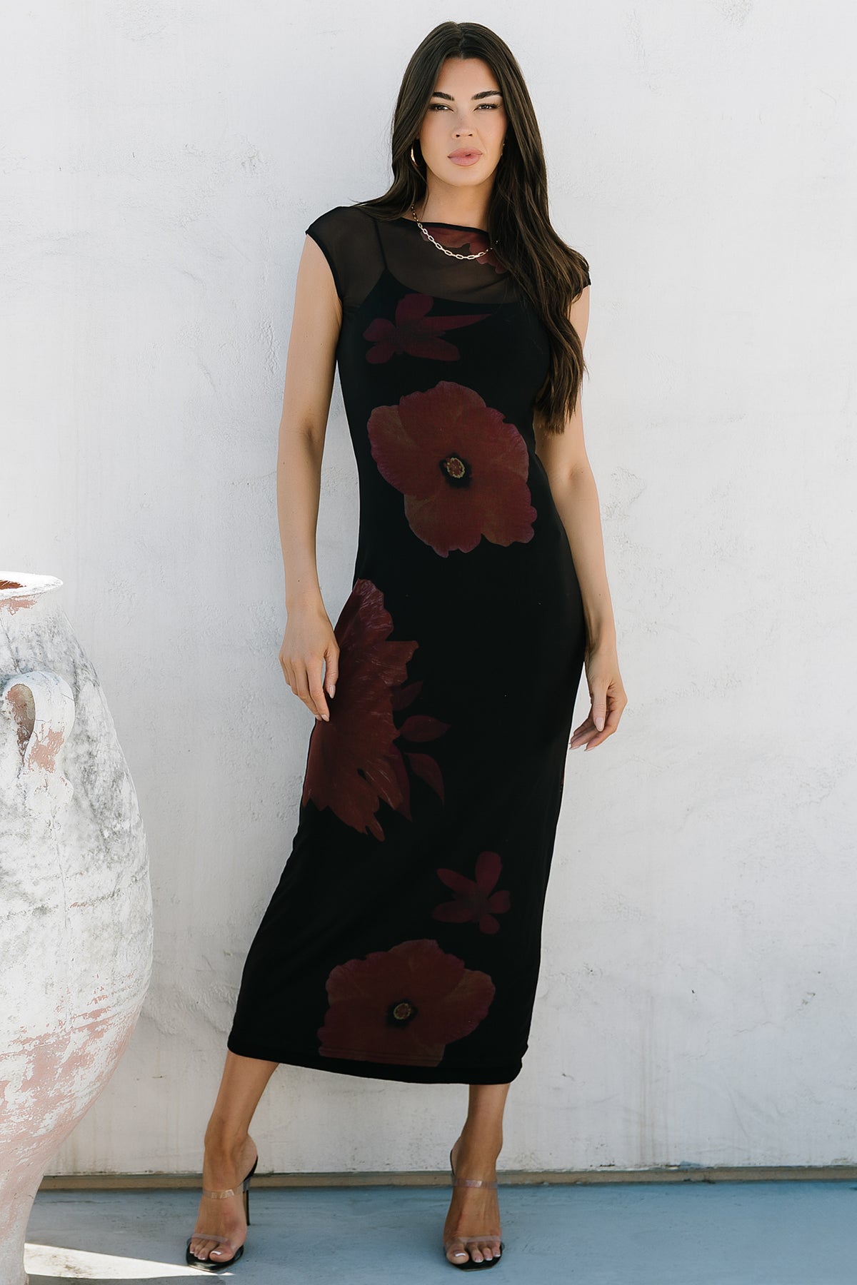 Bodycon Rear View Daniela Mesh Midi Dress - Black Floral Slip | Baltic Born