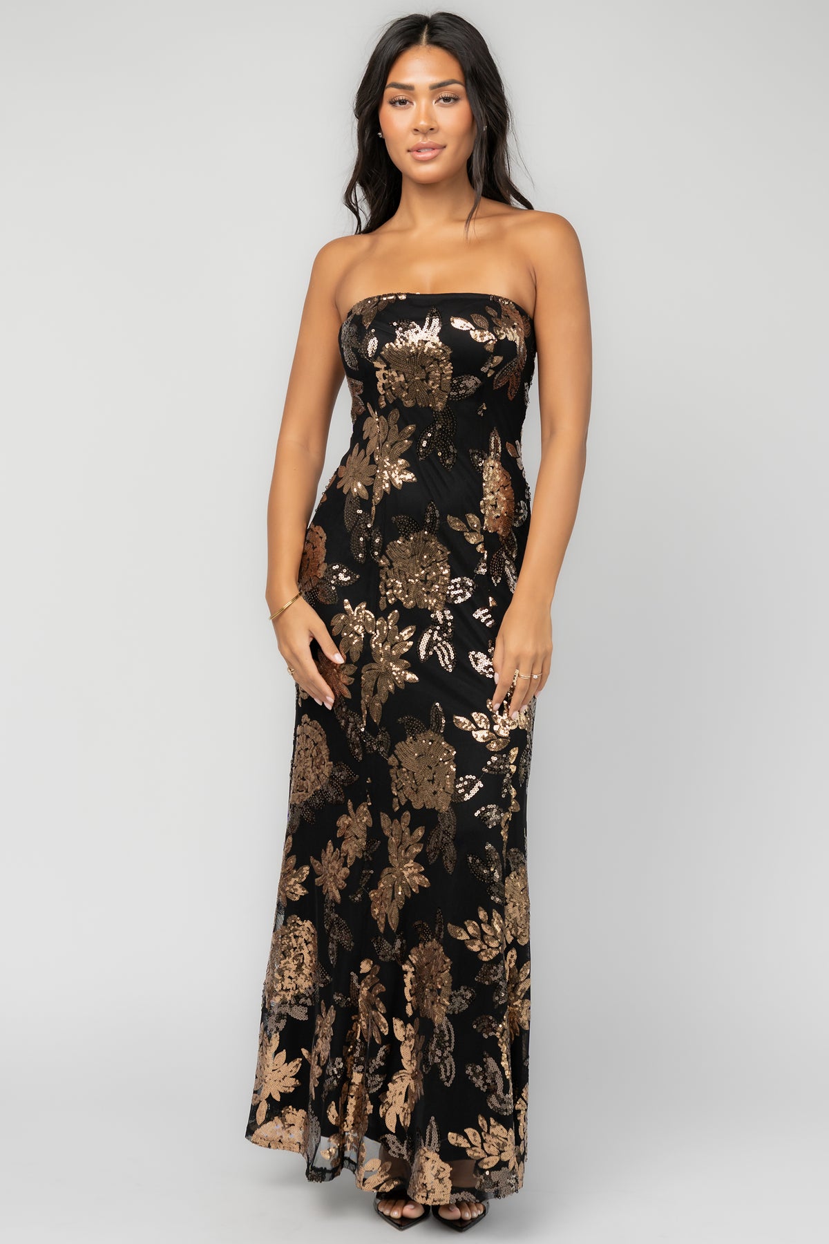 Chloe Sequin Strapless Maxi Dress | Black + Gold