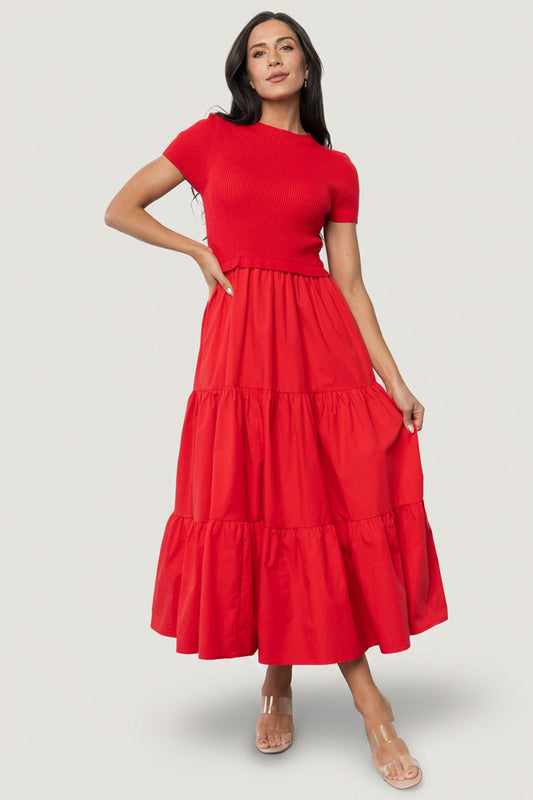 Devotion Tiered Midi Dress Red Ribbed Bodice | Baltic Born M Devotion Tiered Midi Dress Red Ribbed Bodice | Baltic Born M