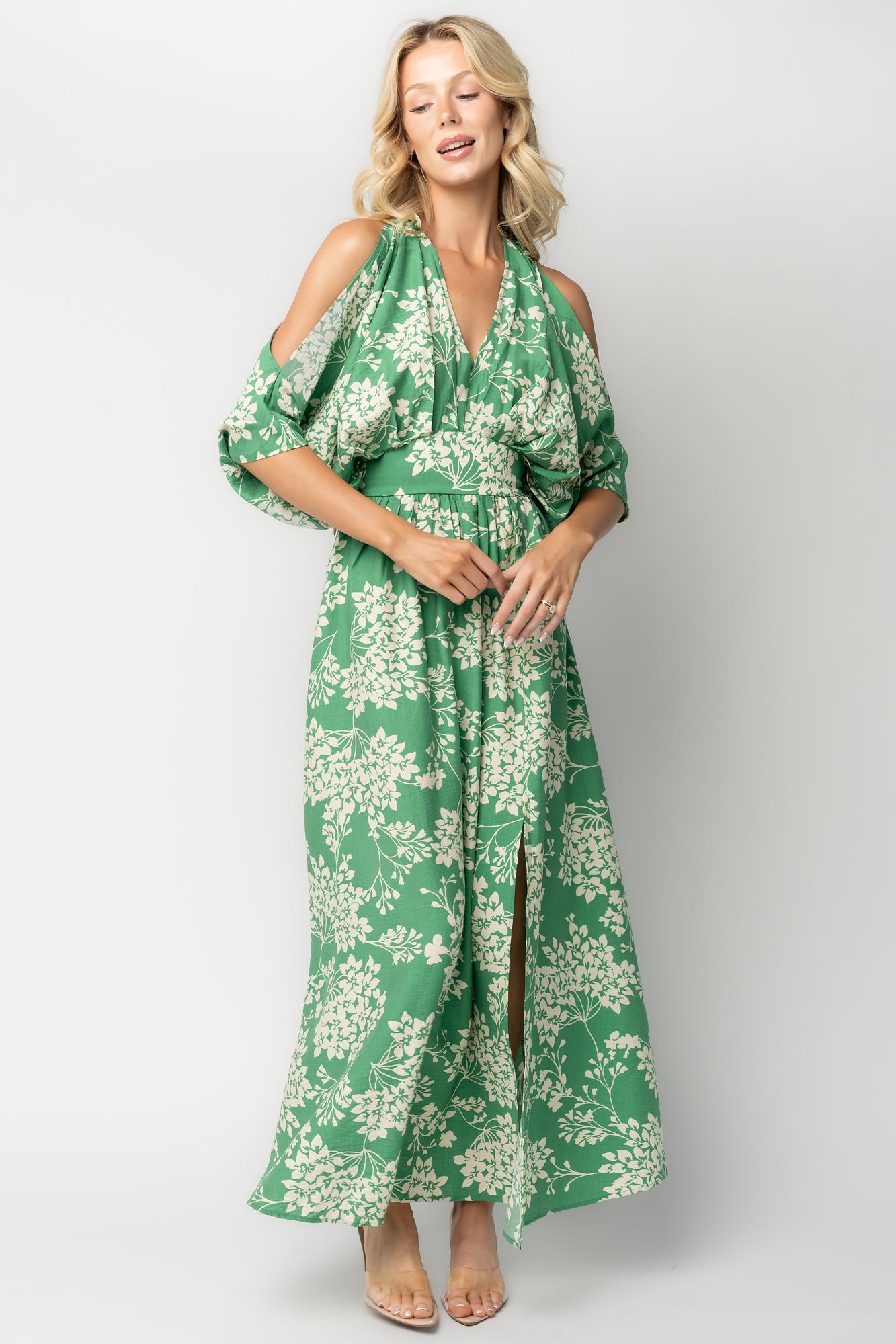 Marzi Open Shoulder Maxi Dress | Green Floral