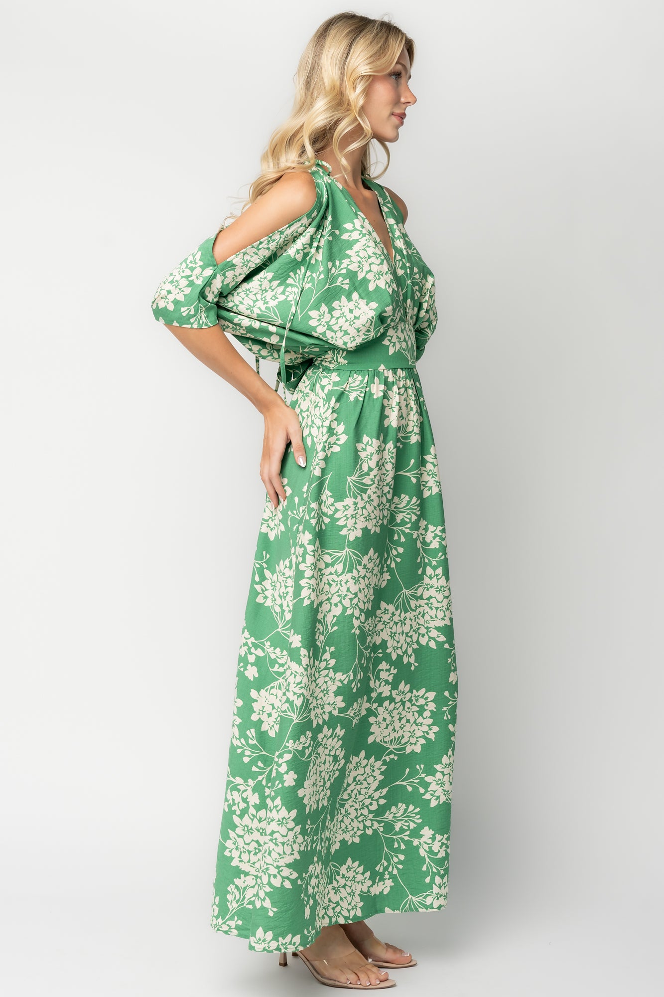 Marzi Open Shoulder Maxi Dress | Green Floral