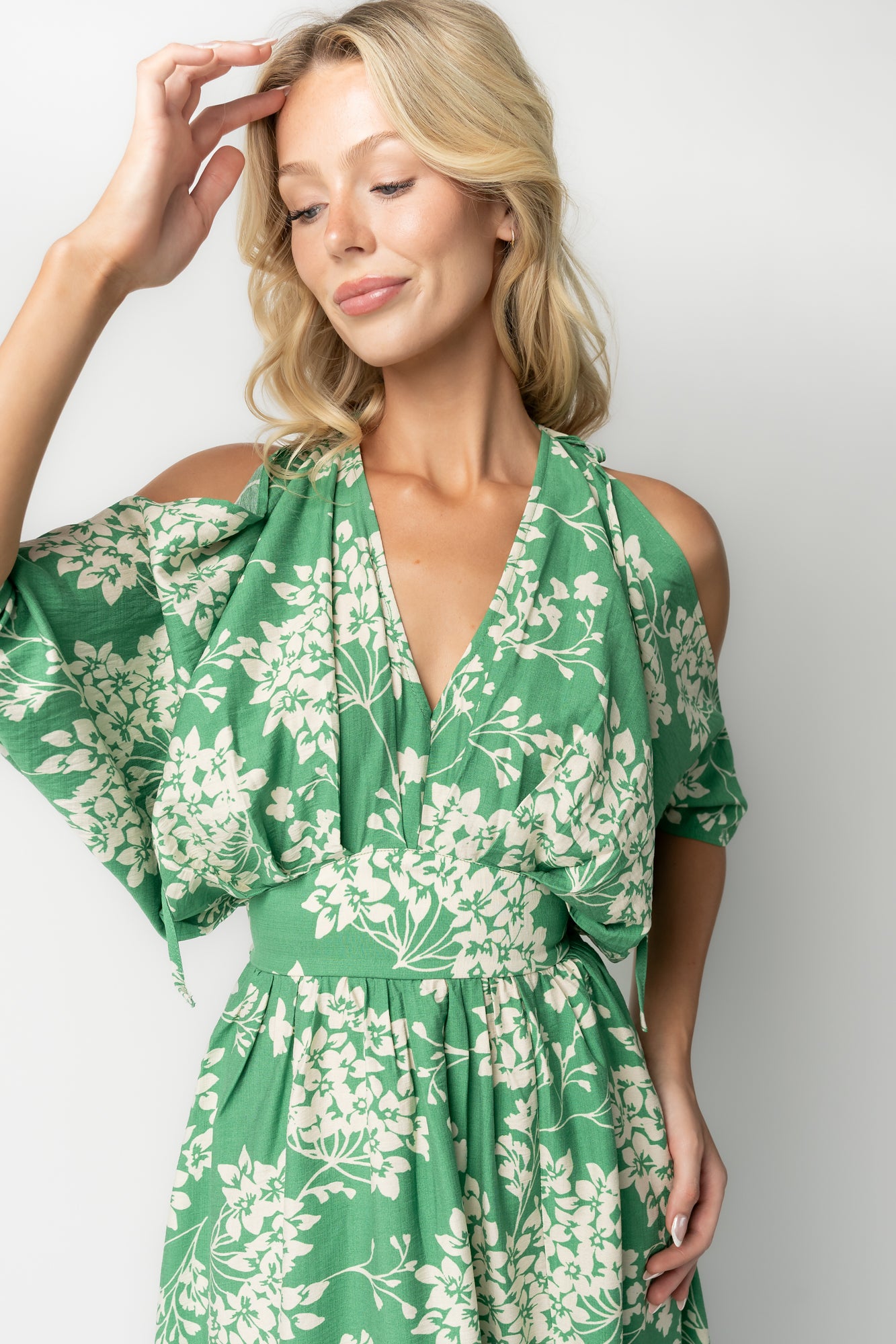 Marzi Open Shoulder Maxi Dress | Green Floral Marzi Open Shoulder Maxi Dress | Green Floral