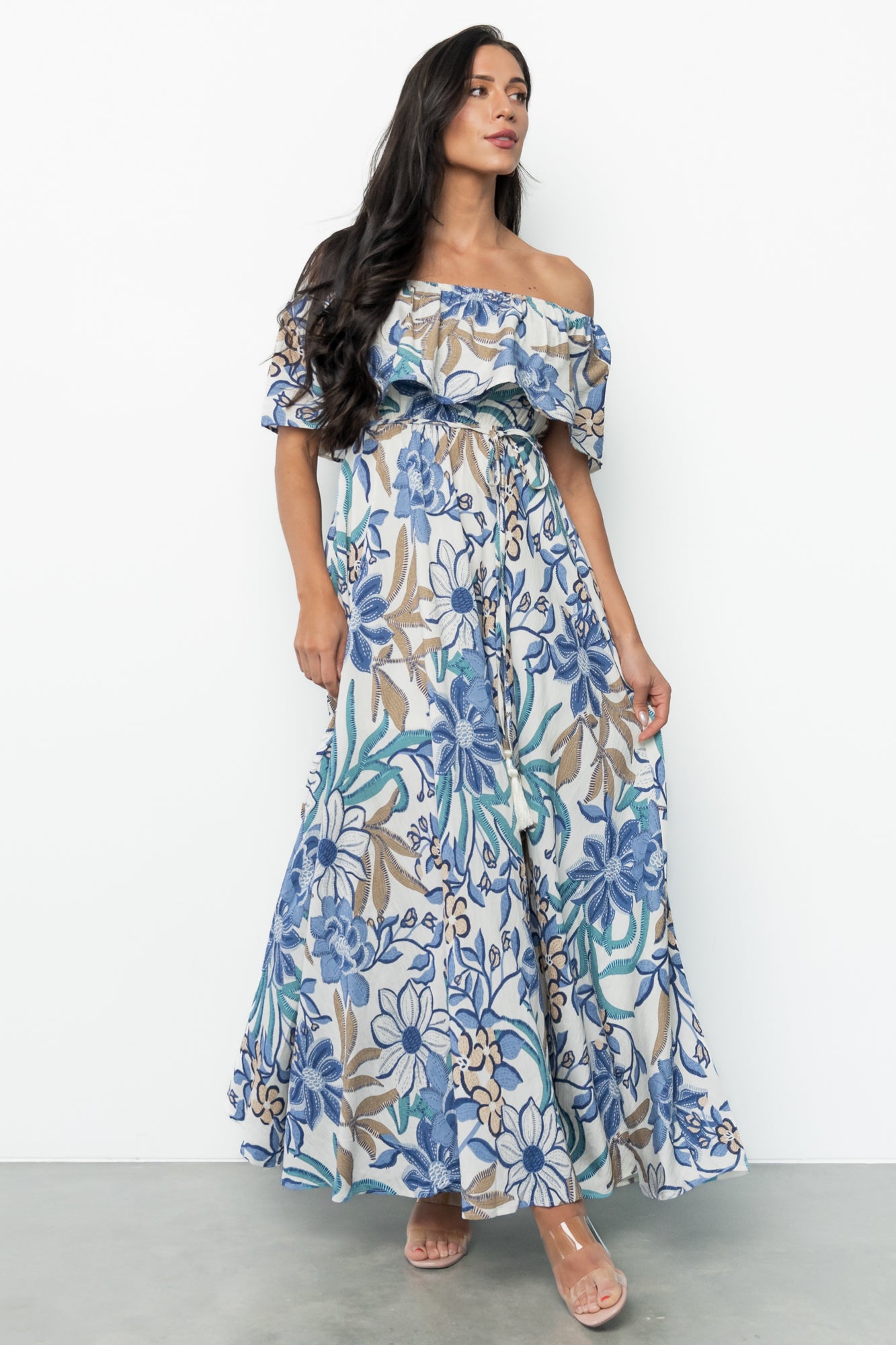 Valentina Off Shoulder Maxi Dress | Cream + Blue Multi