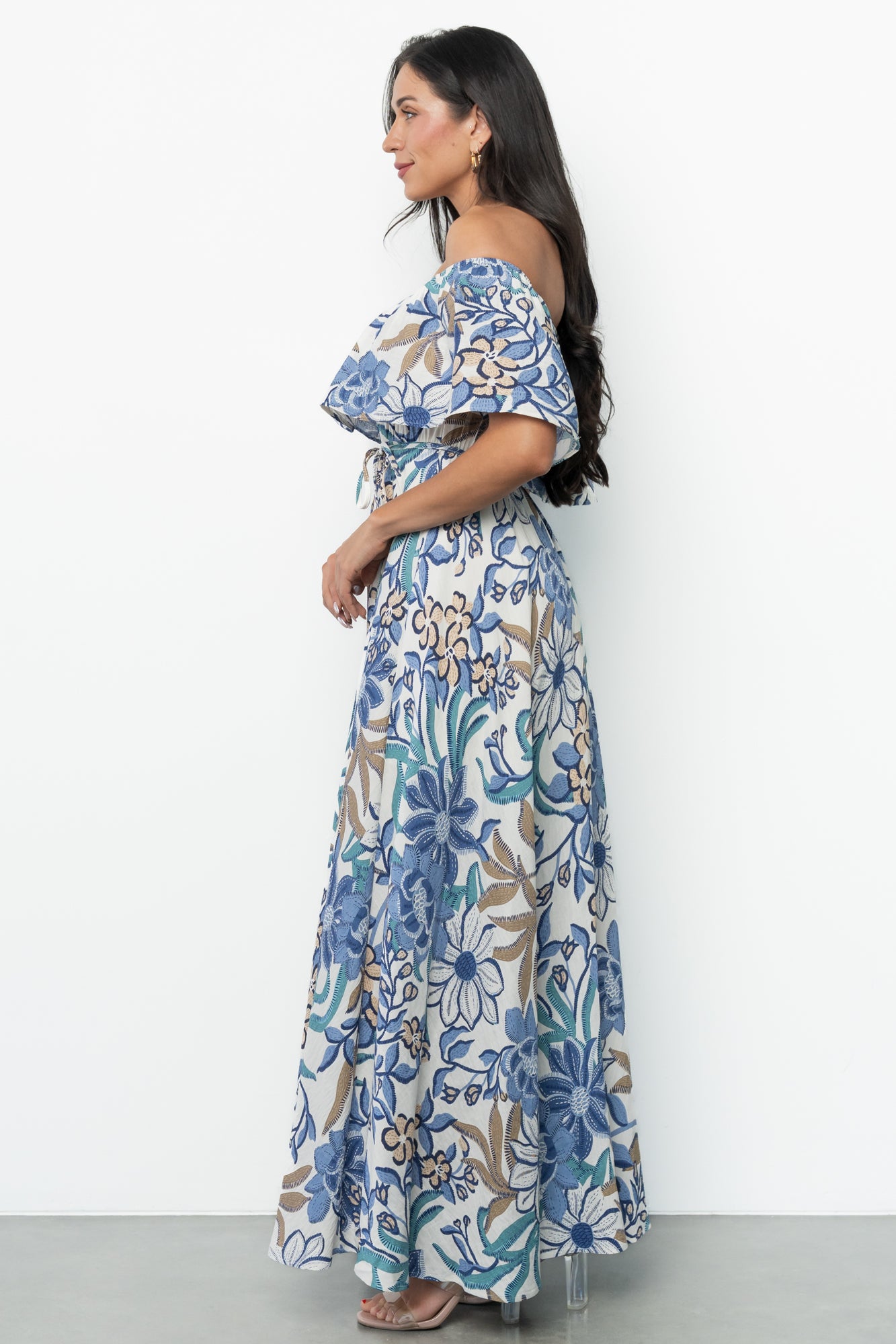 Valentina Off Shoulder Maxi Dress | Cream + Blue Multi