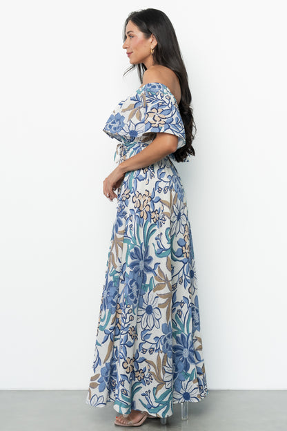 Valentina Off Shoulder Maxi Dress | Cream + Blue Multi