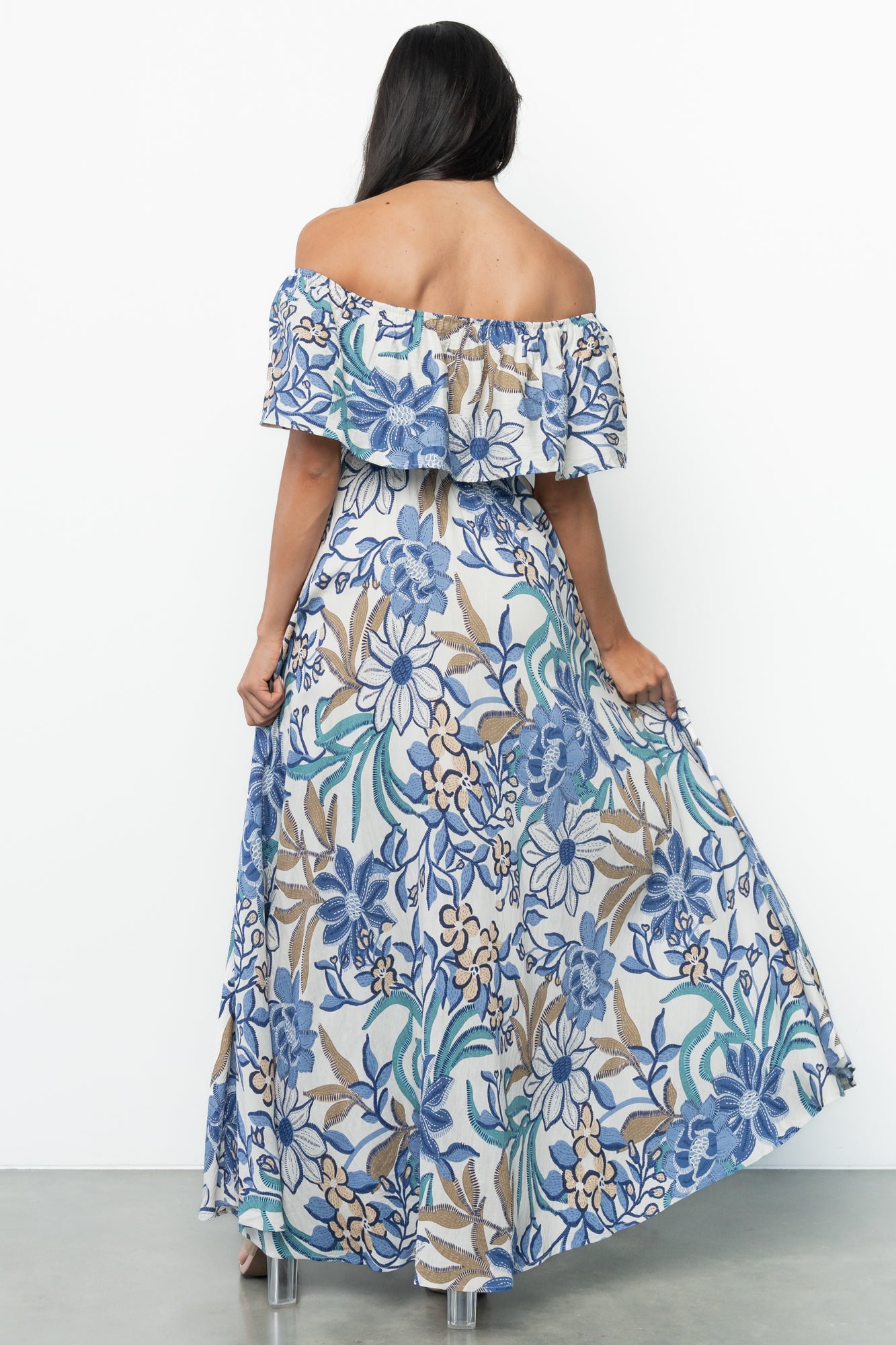 Valentina Off Shoulder Maxi Dress | Cream + Blue Multi