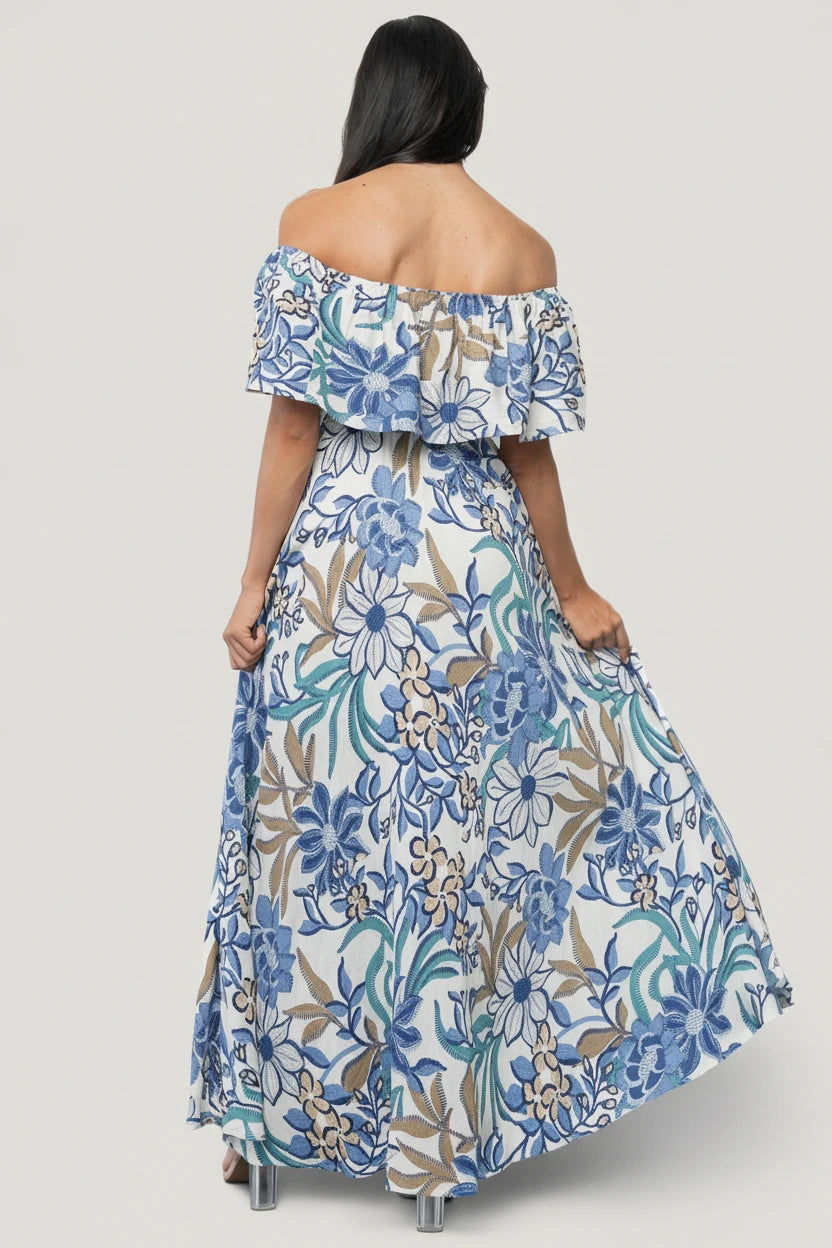 Valentina Off Shoulder Maxi Dress | Cream + Blue Multi