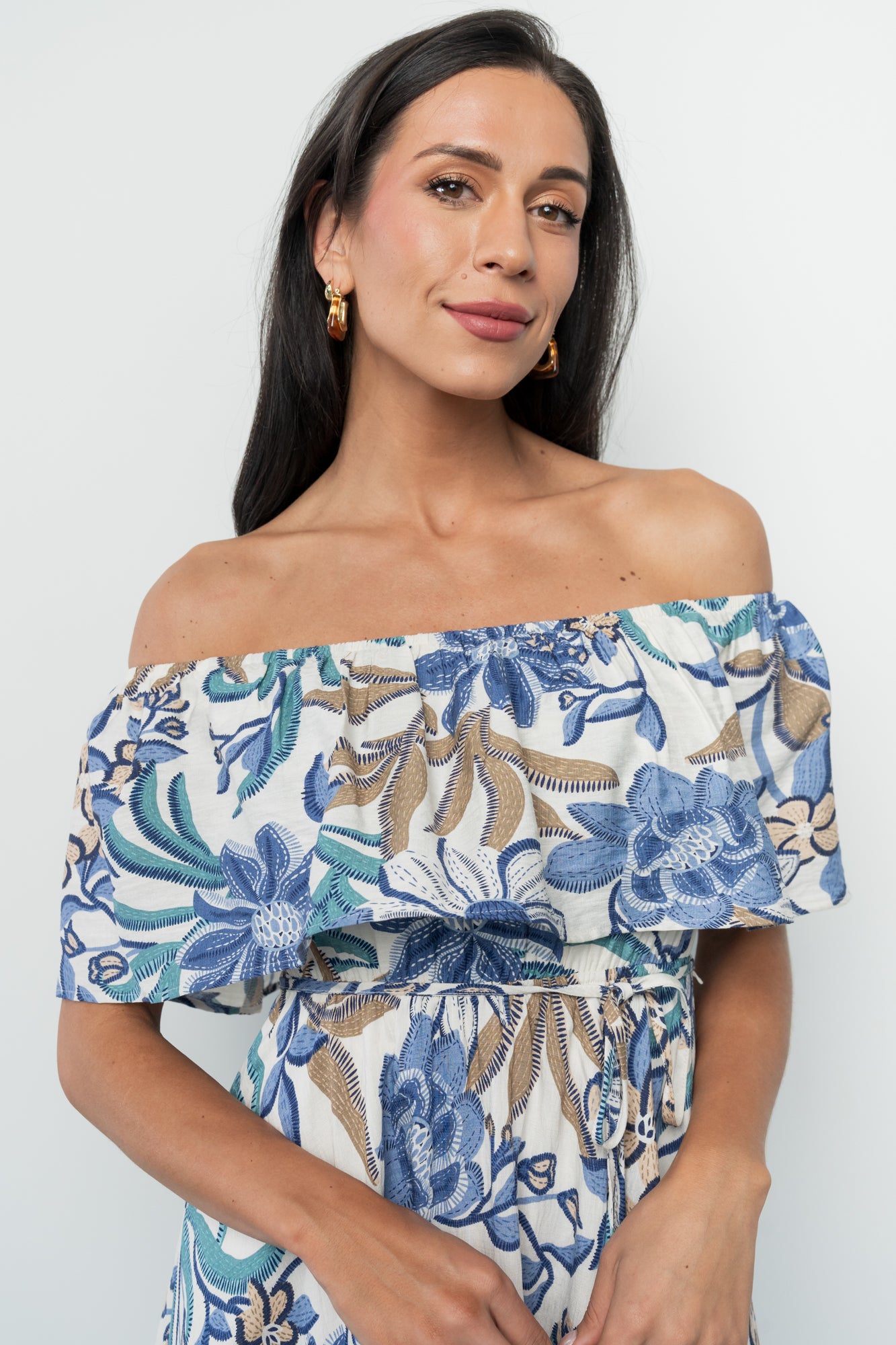 Valentina Off Shoulder Maxi Dress | Cream + Blue Multi