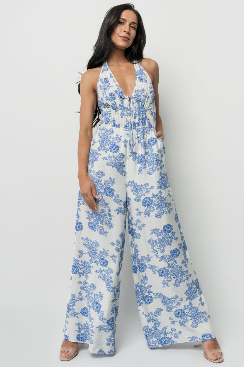 Promesa Halter Jumpsuit | Blue Floral