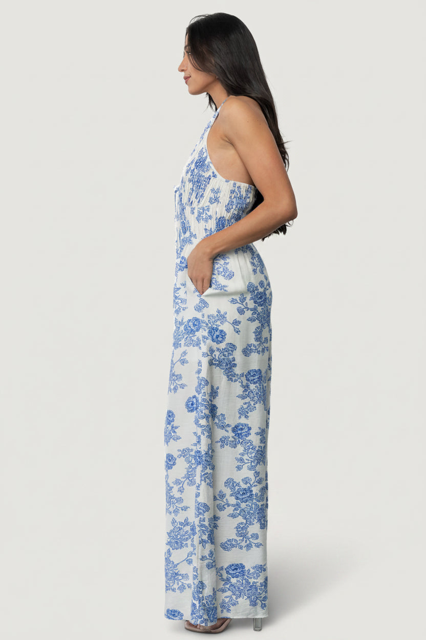 Promesa Halter Jumpsuit | Blue Floral