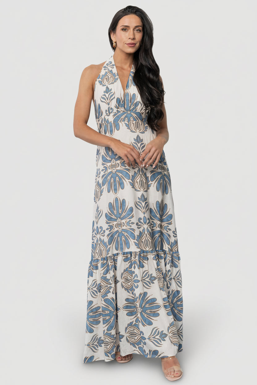 Baltic Born Womens Estrella Halter Maxi Dress | Navy + Tan | Size: XL Baltic Born Womens Estrella Halter Maxi Dress | Navy + Tan | Size: XL