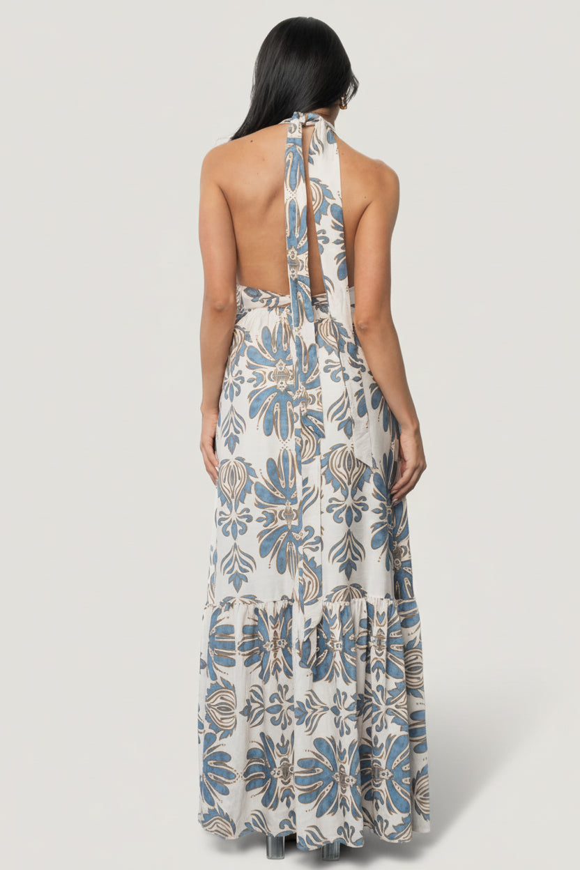Baltic Born Womens Estrella Halter Maxi Dress | Navy + Tan | Size: XL Baltic Born Womens Estrella Halter Maxi Dress | Navy + Tan | Size: XL
