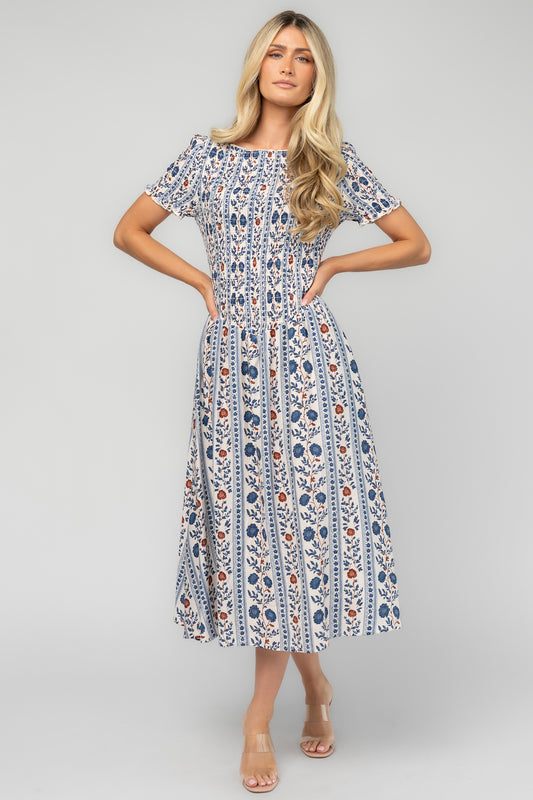 Rhonda Smocked Midi Dress | Blue Floral