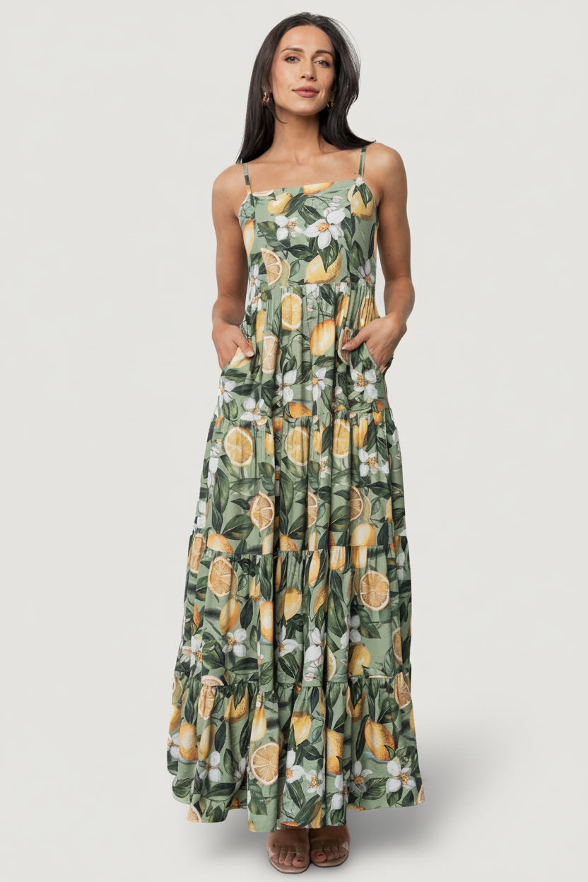 Front view of the Silvia Tiered Maxi Dress in sage lemon print, showing full-length tiered skirt and flowing silhouette.