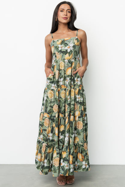 Silvia Tiered Maxi Dress | Sage Lemon Print