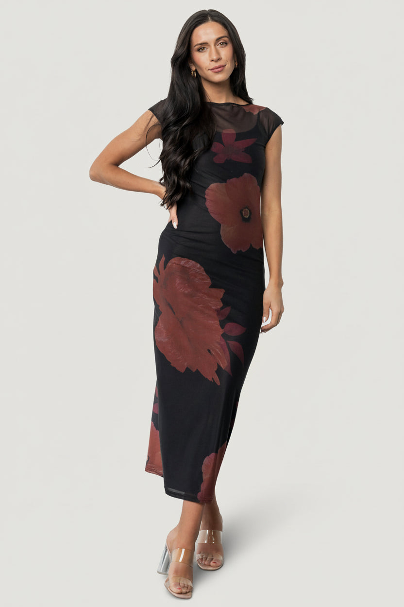 Front view of Daniela mesh midi dress in black with deep maroon floral print, showing included ribbed slip and fitted silhouette.