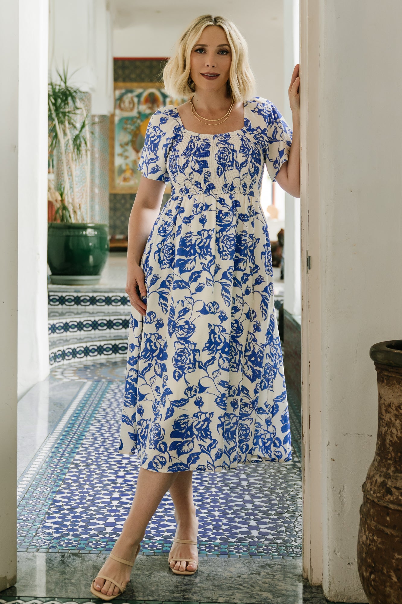 blue and white smocked midi dress Sail to Sable Seashell Print Flutter Sleeve Smocked Midi Dress Seashell / S / SP26328