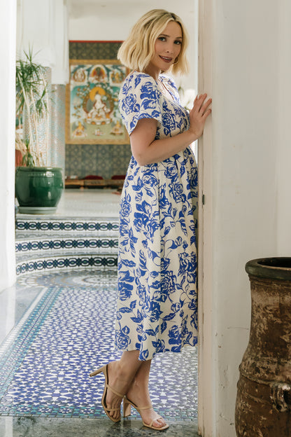 Dolores Smocked Midi Dress | Ivory + Blue Floral