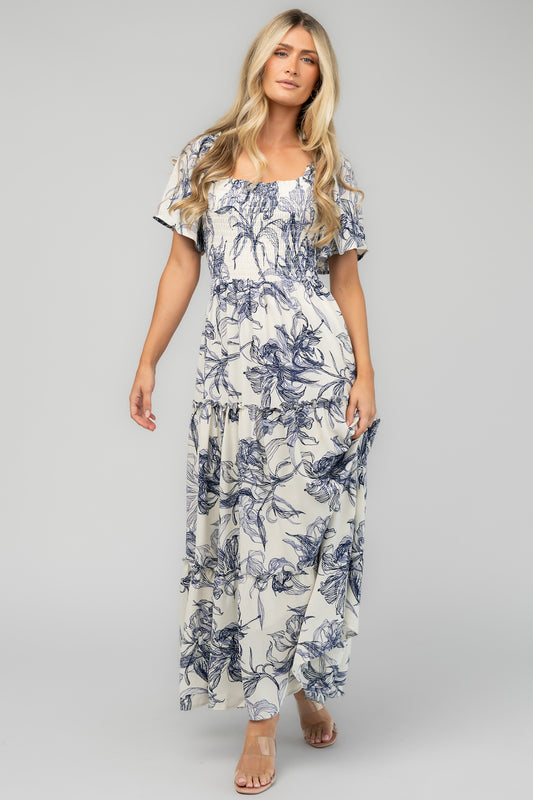 Southampton Smocked Maxi Dress | Off White + Blue