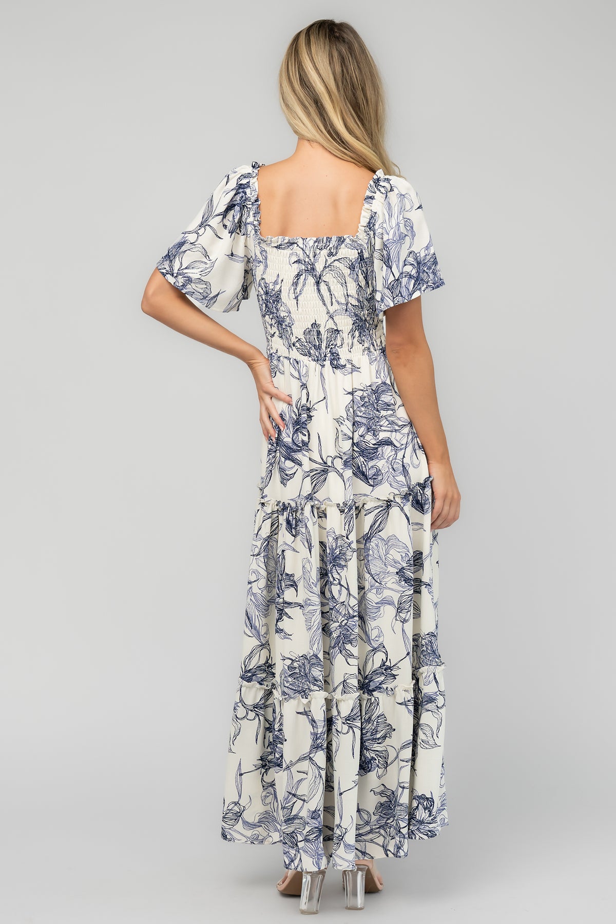 Southampton Smocked Maxi Dress | Off White + Blue