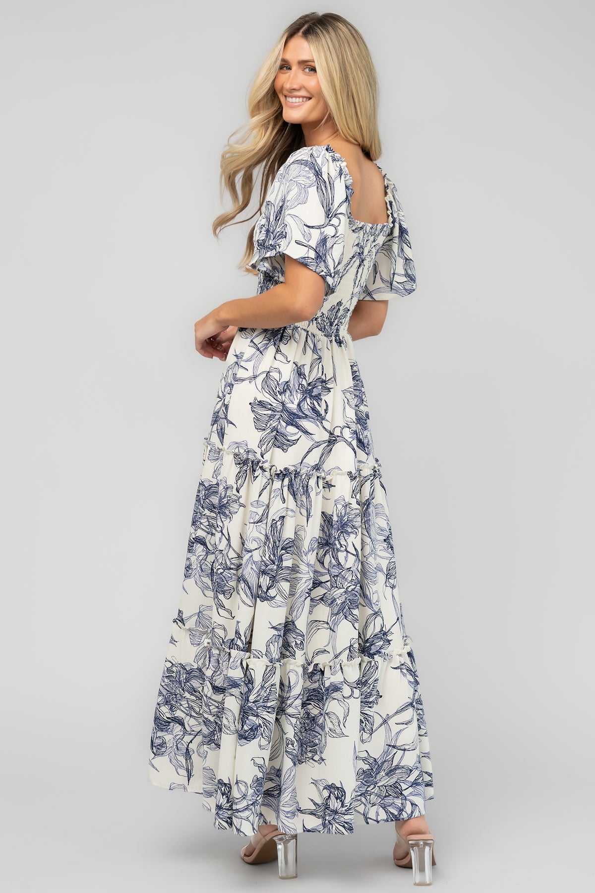 Southampton Smocked Maxi Dress | Off White + Blue