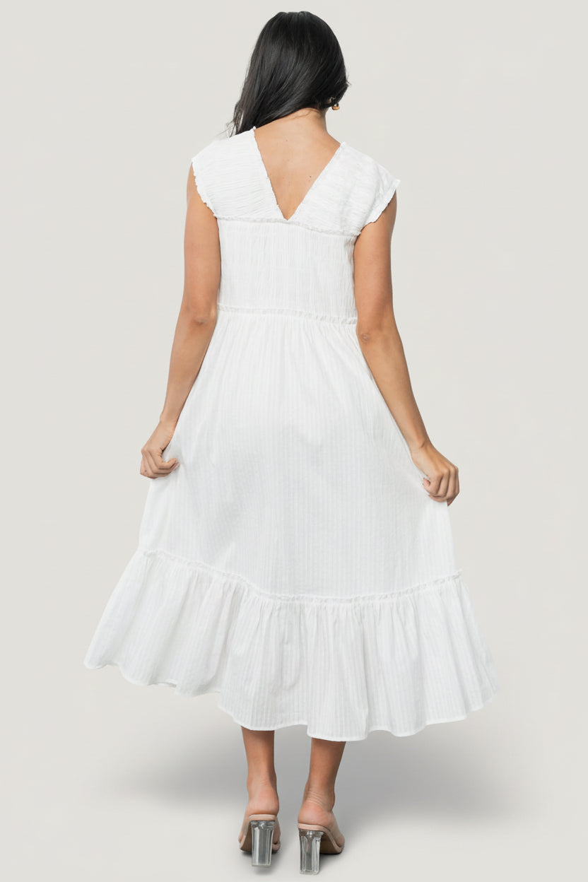 Luisa Midi Dress - Off-White V-Neck, Pockets