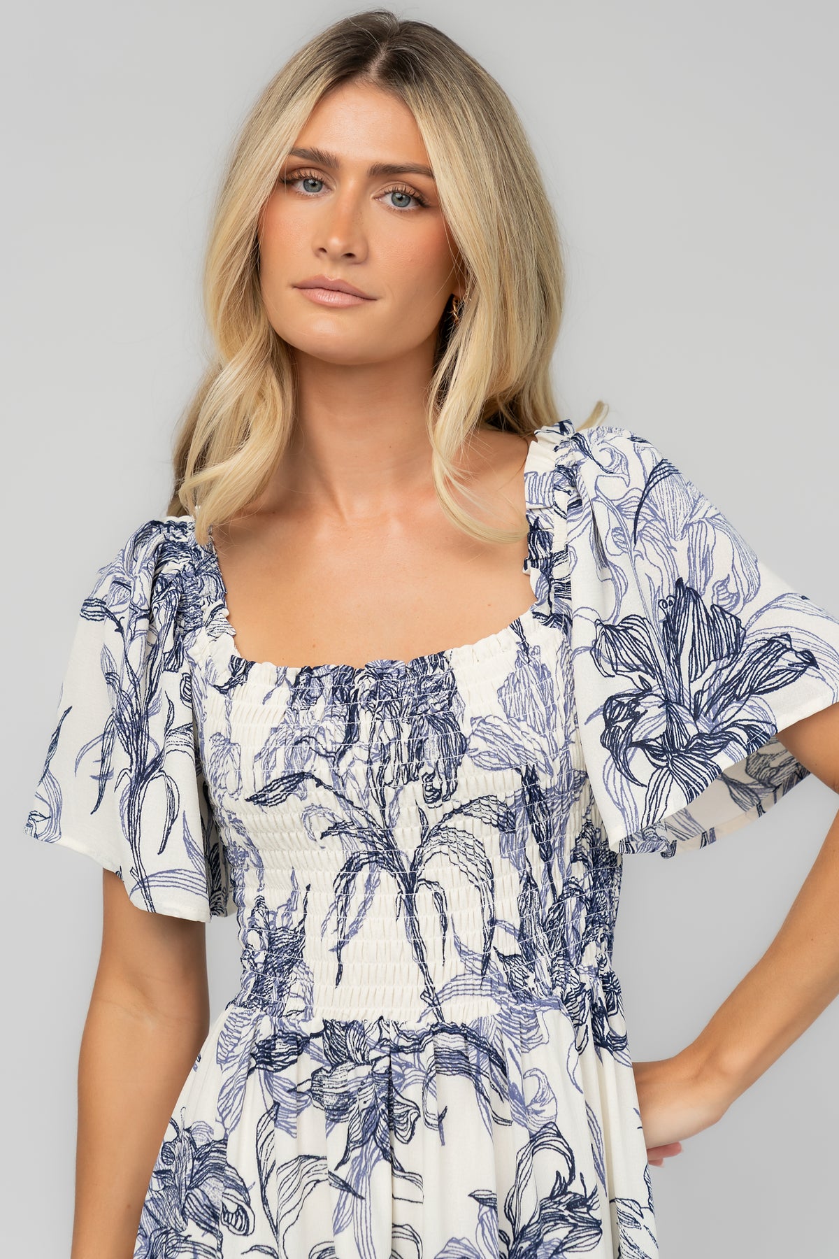 Southampton Smocked Maxi Dress | Off White + Blue