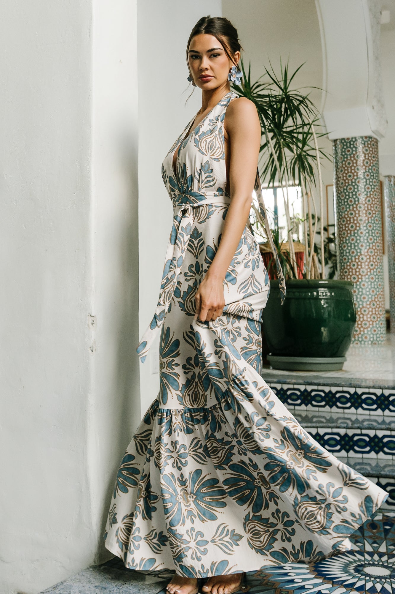 Baltic Born Womens Estrella Halter Maxi Dress | Navy + Tan | Size: XL Baltic Born Womens Estrella Halter Maxi Dress | Navy + Tan | Size: XL