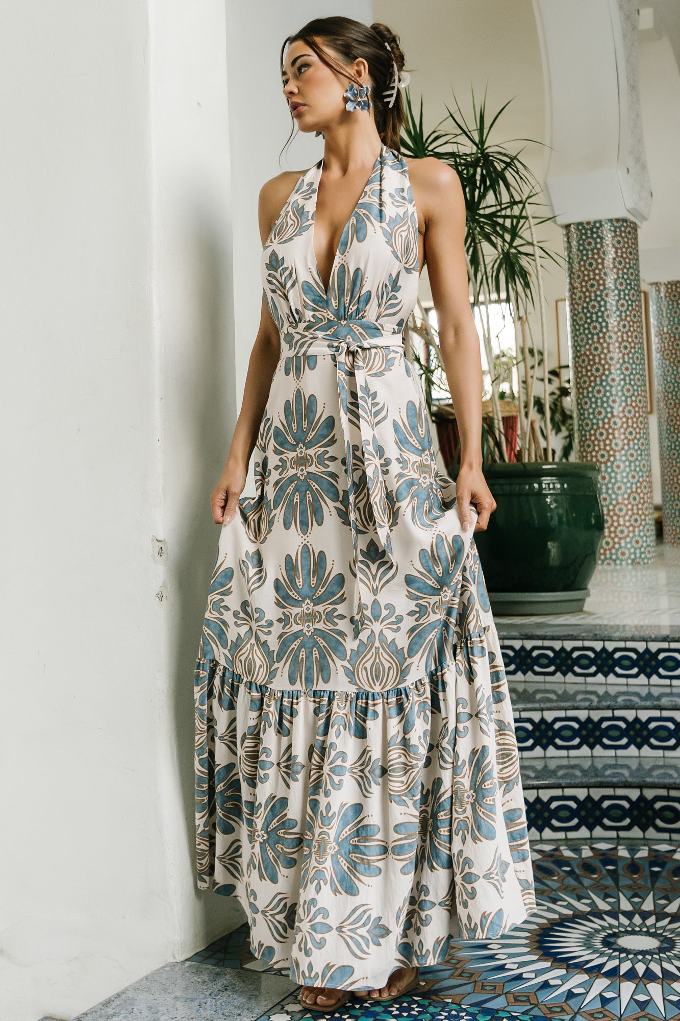 Baltic Born Womens Estrella Halter Maxi Dress | Navy + Tan | Size: XL Baltic Born Womens Estrella Halter Maxi Dress | Navy + Tan | Size: XL