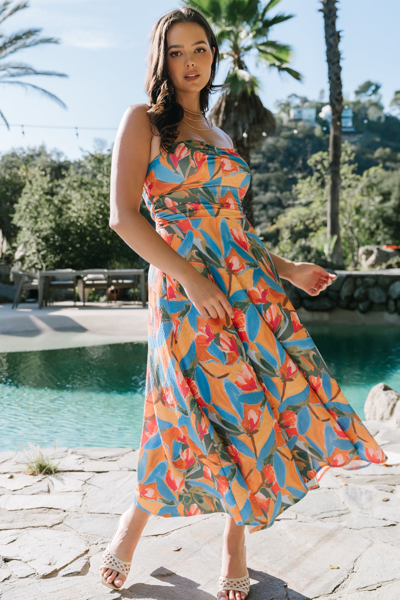 Solana Strapless Midi Dress - Blue Multi | Baltic Born M Solana Strapless Midi Dress - Blue Multi | Baltic Born M