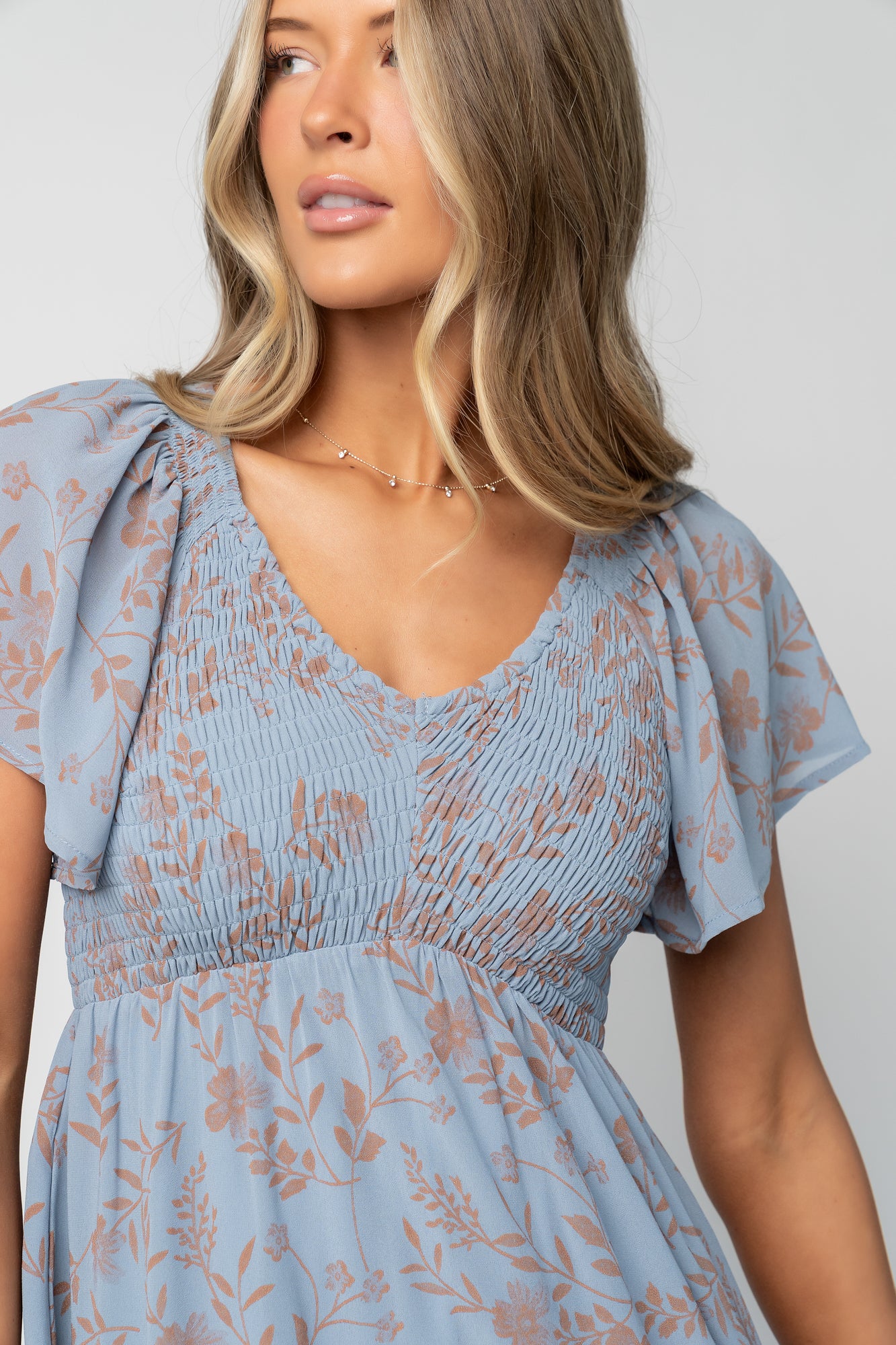 blue dress of monica. Baltic Born Womens Monica Smocked Dress | Dusty Blue + Terracotta | Color: Dark Sage