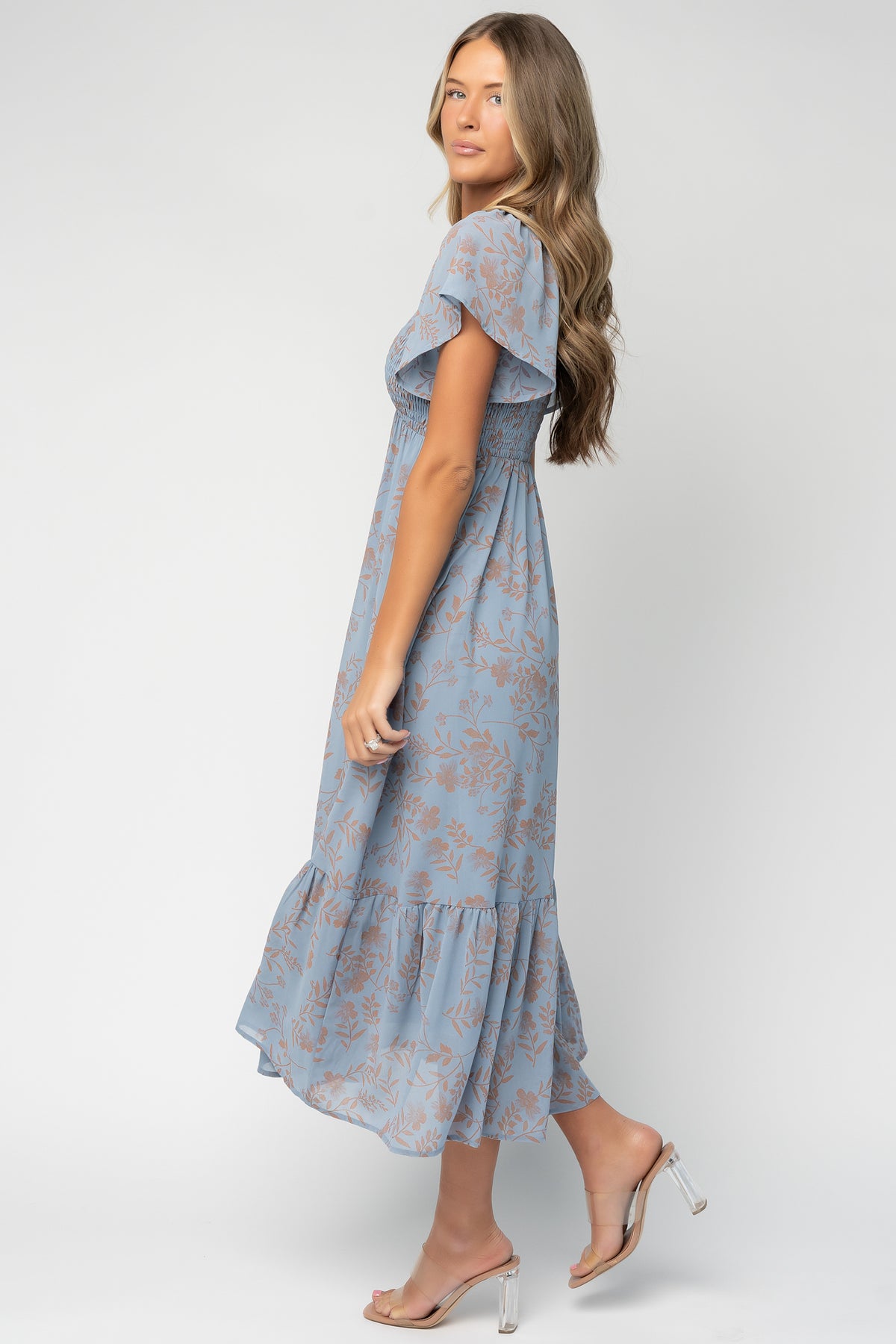 Baltic Born Womens Monica Smocked Dress | Dusty Blue + Terracotta | Color: Dark Sage