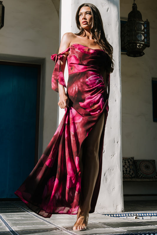 Allegra Off Shoulder Maxi Dress | Berry Rouge Floral
