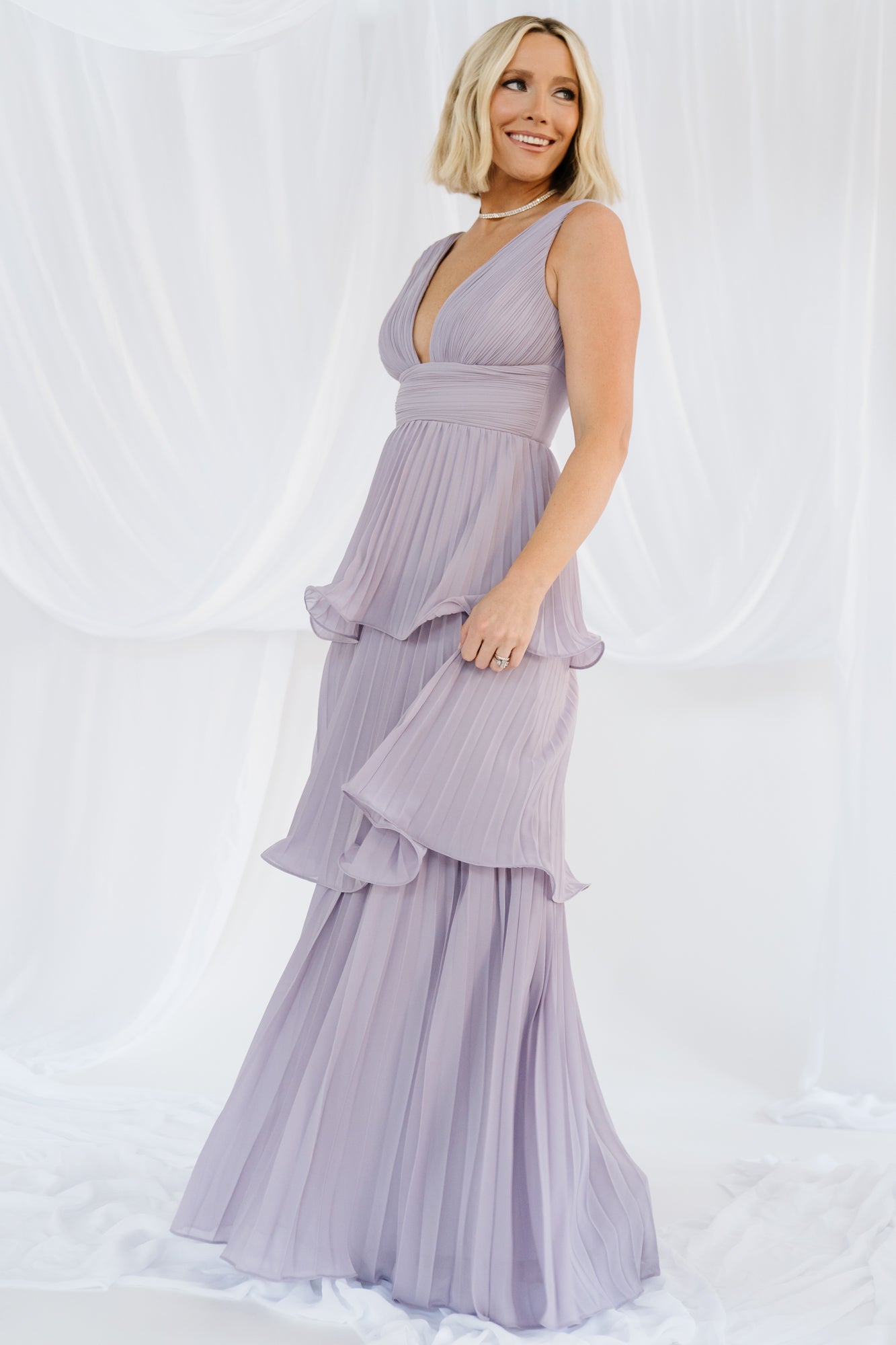 tiered pleated dress Kesenya Maxi Dress, Size 26W, White, Plus Great for any cup size Stacees 2026 A-line V Neck